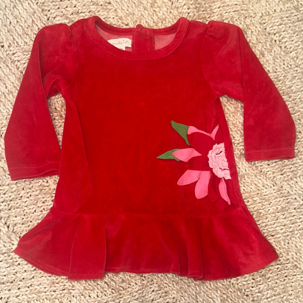 EUC mud pie Red Velvet ruffle hem dress with poinsettia  Accent 9/12mo